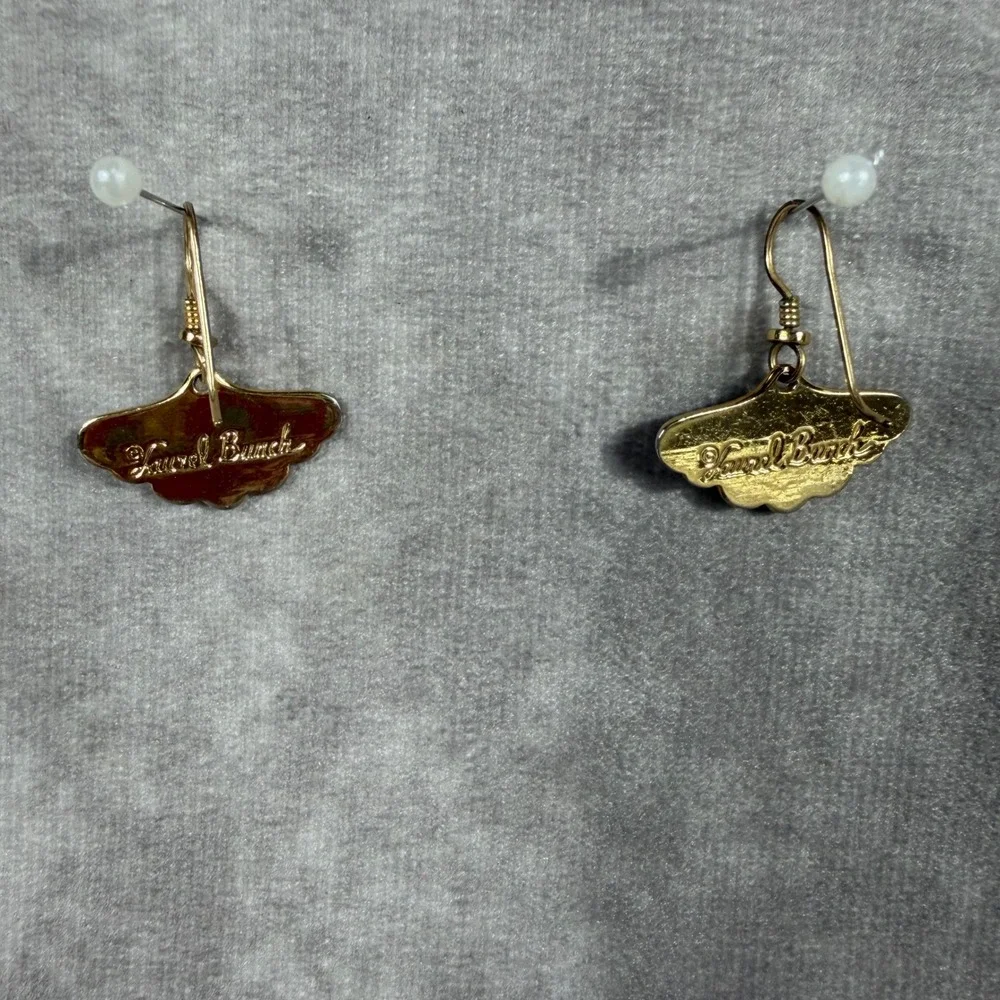 Vtg Laurel Burch Cloisonné Drop Earrings Set Purple Fan & Cream Orchid Gold Tone